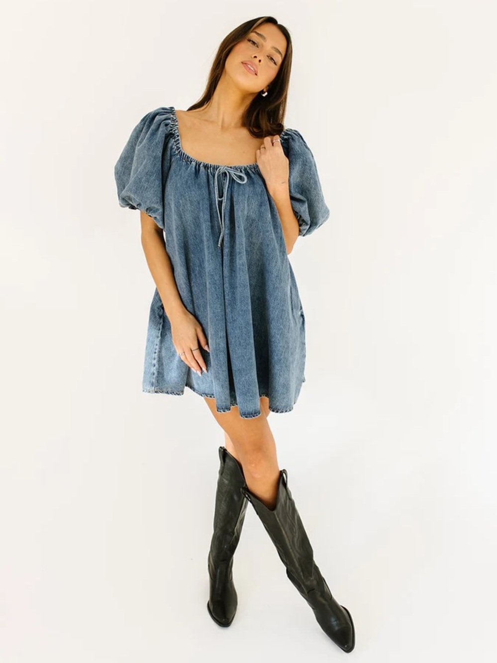 Square-Neck Puff-Sleeve Denim Mini Dress - Blue